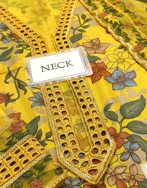 All-Over Print Embroidered Mustard Yellow Lawn Dress for EID & Formal Party Wear