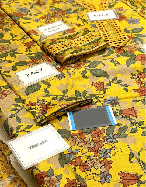 All-Over Print Embroidered Mustard Yellow Lawn Dress for EID & Formal Party Wear
