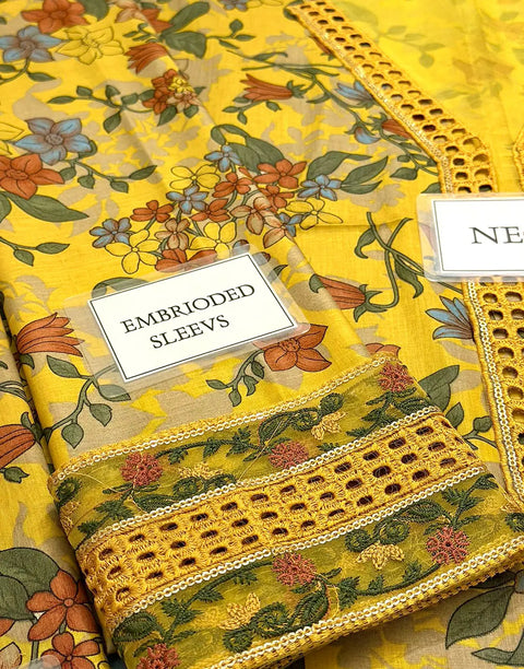 All-Over Print Embroidered Mustard Yellow Lawn Dress for EID & Formal Party Wear