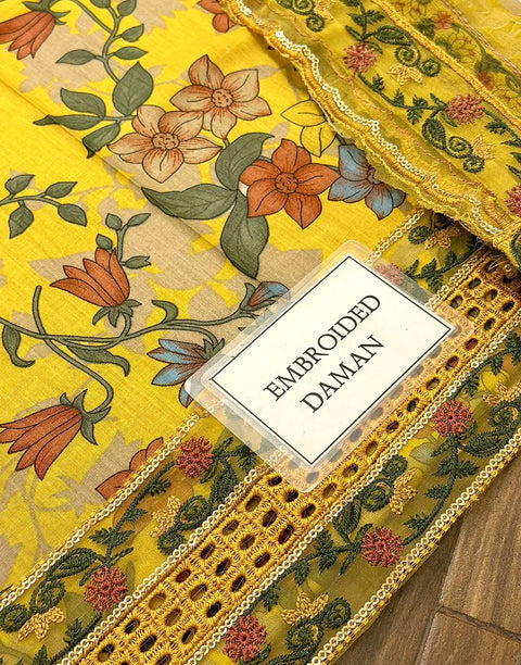 All-Over Print Embroidered Mustard Yellow Lawn Dress for EID & Formal Party Wear
