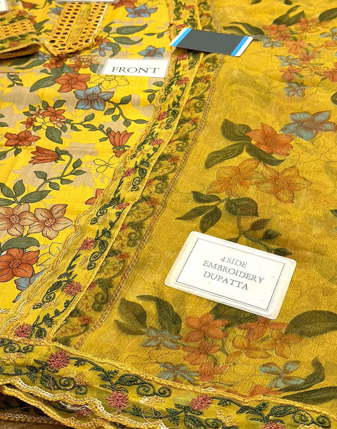 All-Over Print Embroidered Mustard Yellow Lawn Dress for EID & Formal Party Wear