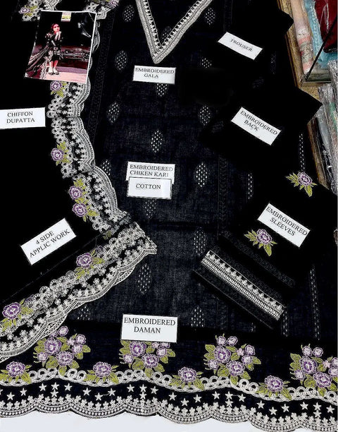 Heavy Schiffli Embroidered Black Lawn Dress for EID with Emb. Chiffon Dupatta
