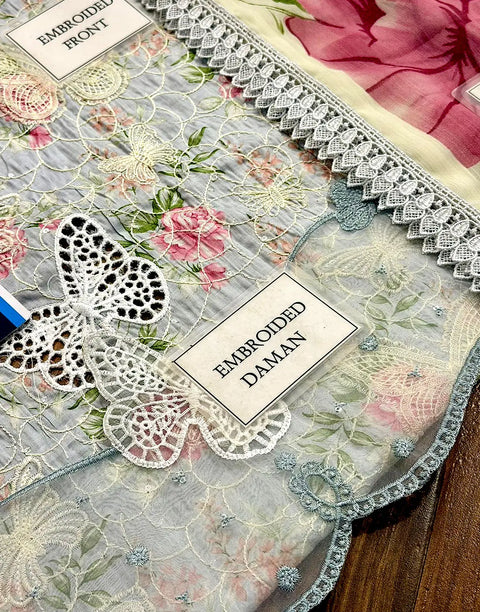 Luxury Butterfly Design Schiffli Embroidered EID Lawn Dress with Emb. Chiffon Dupatta