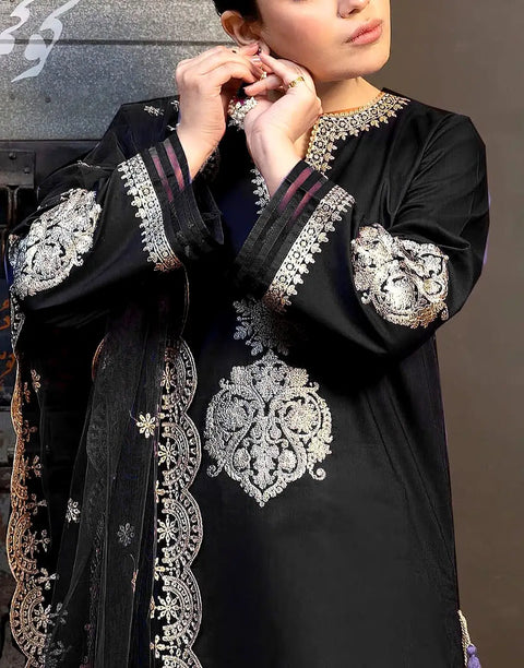 Elegant Embroidered Black EID Lawn Suit with Emb. Organza Dupatta