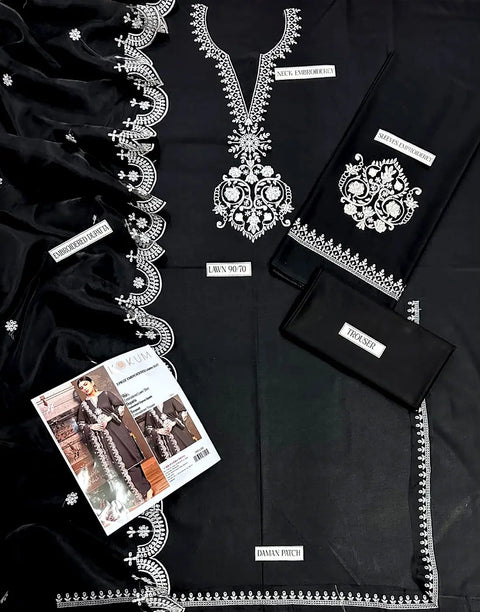 Elegant Embroidered Black EID Lawn Suit with Emb. Organza Dupatta