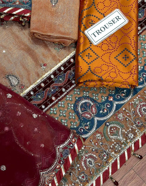 Luxury Embroidered Rusty Gold Khaddi NET Bridal Dress with Rich Embelishments