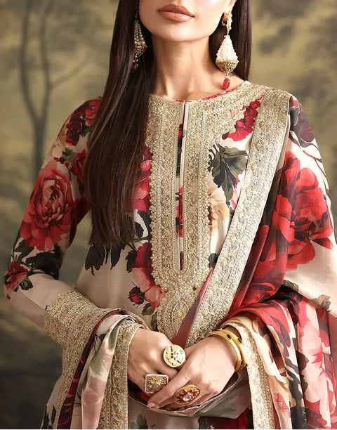 All-Over Digital Print Embroidered Silk Dress with Silk Dupatta