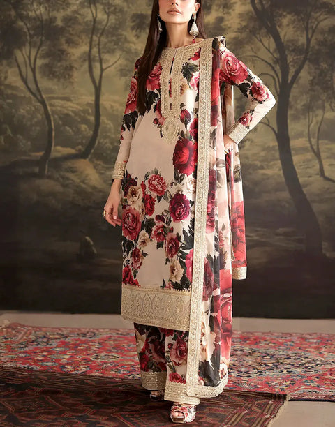 All-Over Digital Print Embroidered Silk Dress with Silk Dupatta