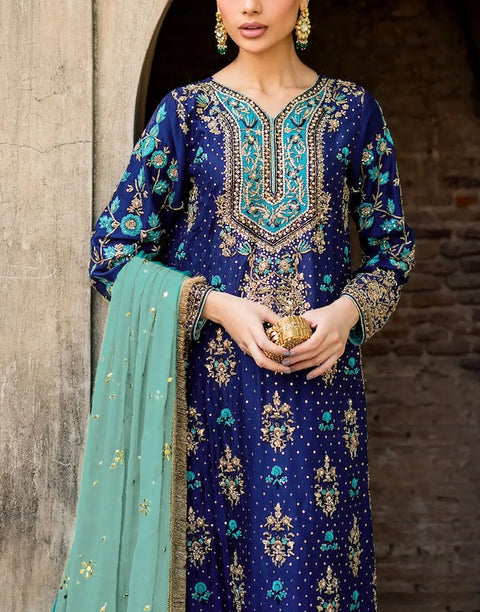 Premium Hand‑Embellished Navy Blue Embroidered Chiffon Wedding Dress