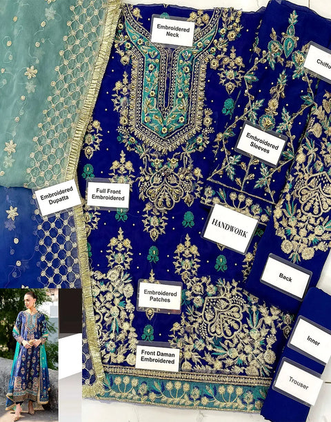 Premium Hand‑Embellished Navy Blue Embroidered Chiffon Wedding Dress