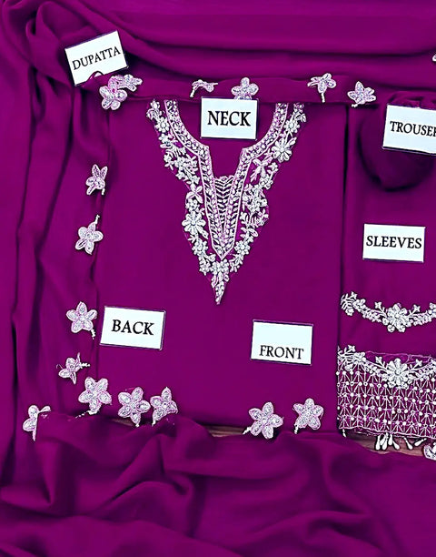 Sophisticated Embroidered Magenta Chiffon Party Wear Dress with Rich Hand‑Embellished on Neckline & Sleeves