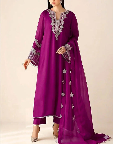 Sophisticated Embroidered Magenta Chiffon Party Wear Dress with Rich Hand‑Embellished on Neckline & Sleeves