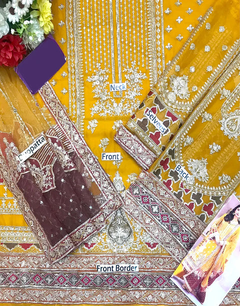 Heavy Embroidered Yellow Chiffon Wedding Dress - Ideal for Mayun & Mehndi Events