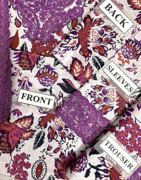 All-Over Flower Print Embroidered Lawn Design with Chiffon Dupatta