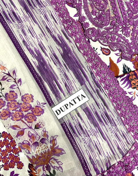 All-Over Flower Print Embroidered Lawn Design with Chiffon Dupatta