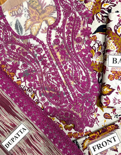 All-Over Flower Print Embroidered Lawn Suit with Chiffon Dupatta