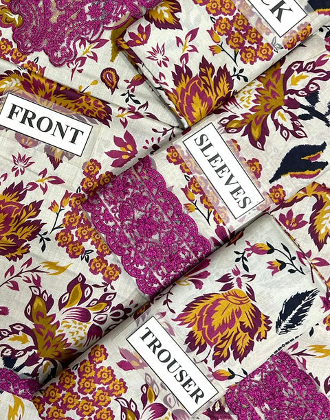 All-Over Flower Print Embroidered Lawn Suit with Chiffon Dupatta