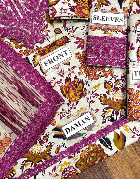 All-Over Flower Print Embroidered Lawn Suit with Chiffon Dupatta
