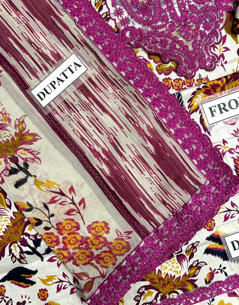 All-Over Flower Print Embroidered Lawn Suit with Chiffon Dupatta
