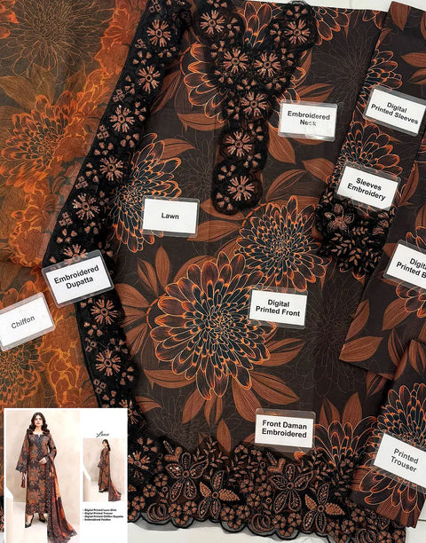 All-Over Print Embroidered Lawn Suit for Girls with Emb. Chiffon Dupatta