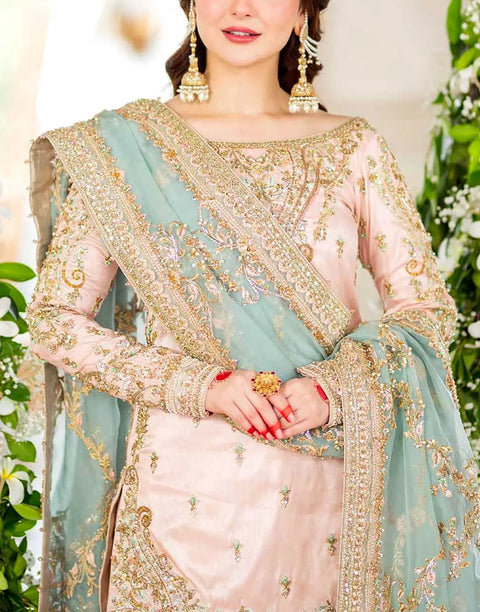 Luxury Embroidered Powder Pink NET Bridal Sharara Dress with Hand Embellishments