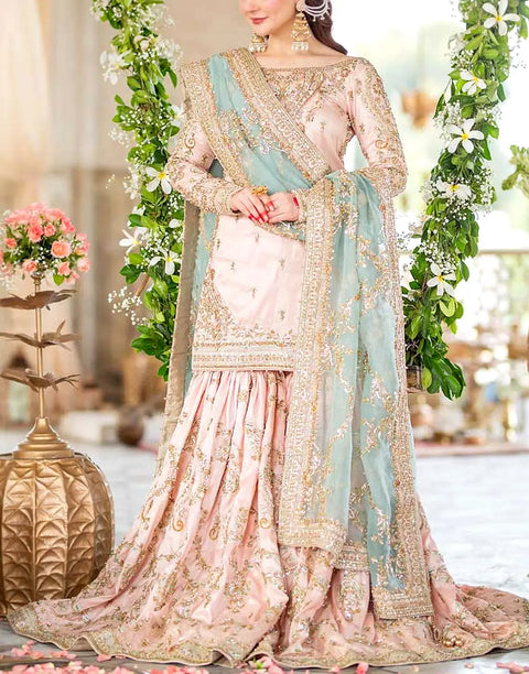 Luxury Embroidered Powder Pink NET Bridal Sharara Dress with Hand Embellishments