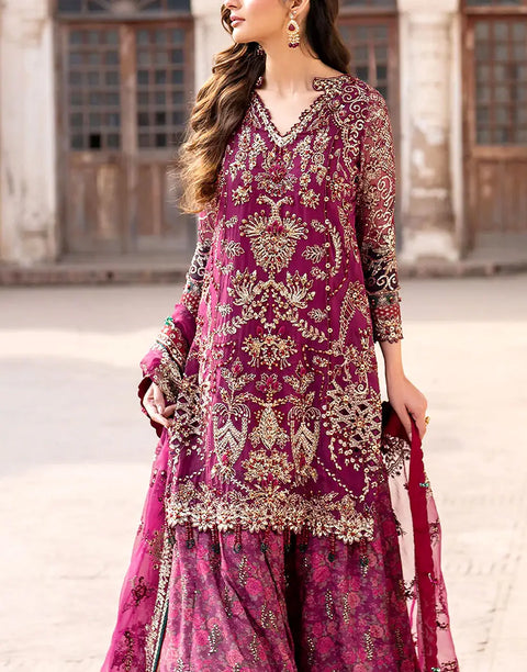 Glamorous Embroidered Magenta Chiffon Bridal Lehenga with Rich Embellishments