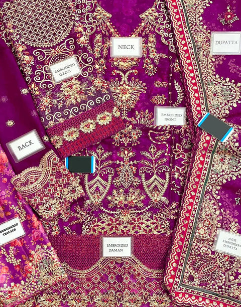 Glamorous Embroidered Magenta Chiffon Bridal Lehenga with Rich Embellishments
