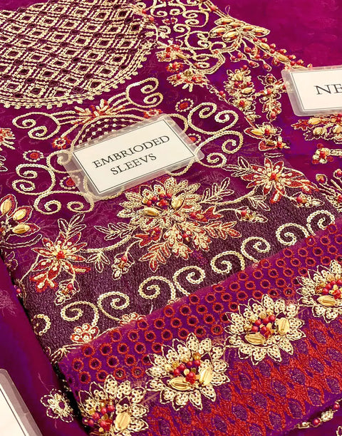 Glamorous Embroidered Magenta Chiffon Bridal Lehenga with Rich Embellishments