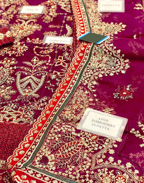 Glamorous Embroidered Magenta Chiffon Bridal Lehenga with Rich Embellishments