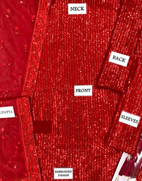 Glittering Sequins Embroidered Red Chiffon Wedding Wear Suit