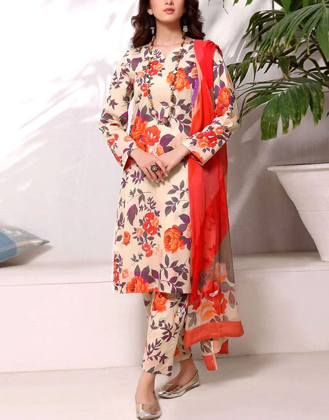 All-Over Digital Print Linen Dress with Linen Dupatta