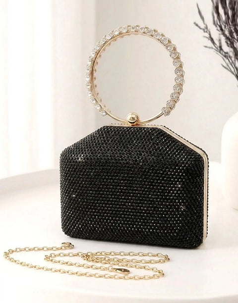 Sparkly Rhinestone Hexagonal Evening Clutch Bag with O-Ring Top Handle