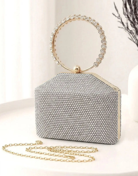 Sparkly Rhinestone Hexagonal Evening Clutch Bag with O-Ring Top Handle