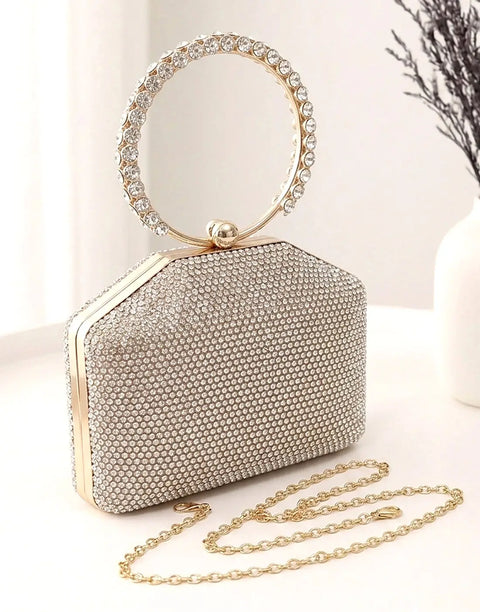 Sparkly Rhinestone Hexagonal Evening Clutch Bag with O-Ring Top Handle