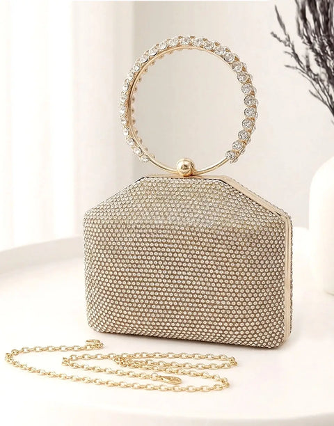Sparkly Rhinestone Hexagonal Evening Clutch Bag with O-Ring Top Handle