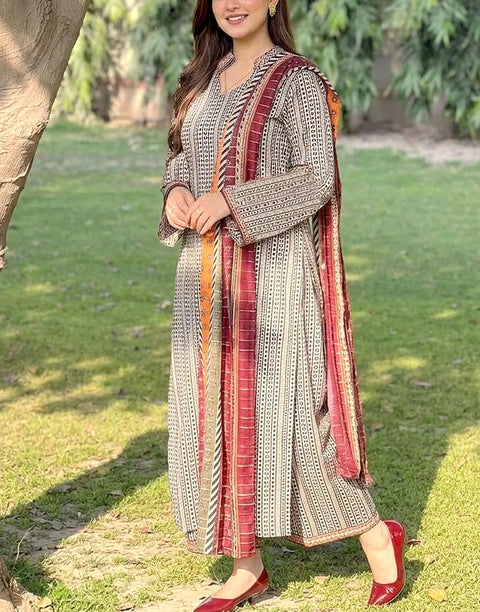 All-Over Printed 3-Piece Lawn Dress Design with Printed Lawn Dupatta