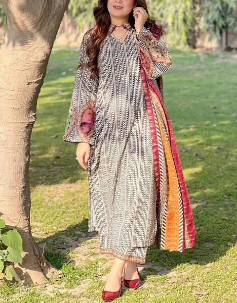All-Over Printed 3-Piece Lawn Dress Design with Printed Lawn Dupatta