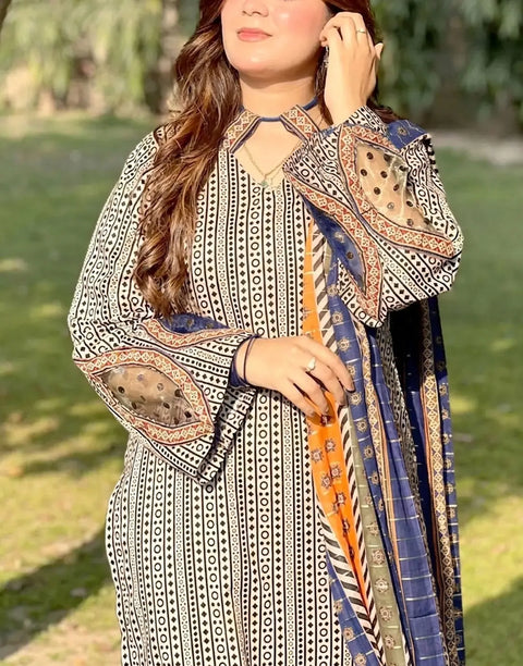 All-Over Printed 3-Piece Lawn Dress Design with Printed Lawn Dupatta