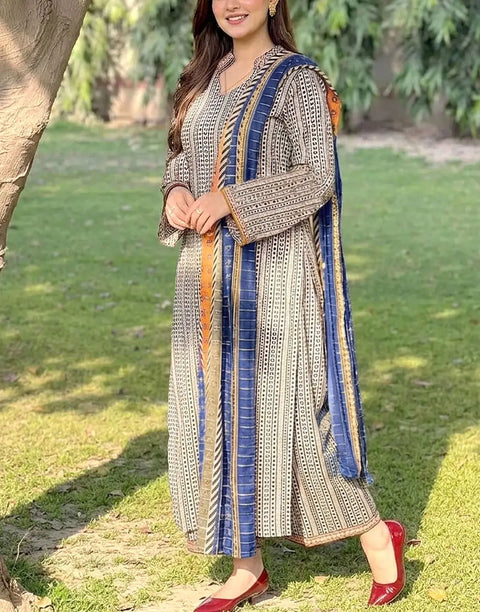 All-Over Printed 3-Piece Lawn Dress Design with Printed Lawn Dupatta