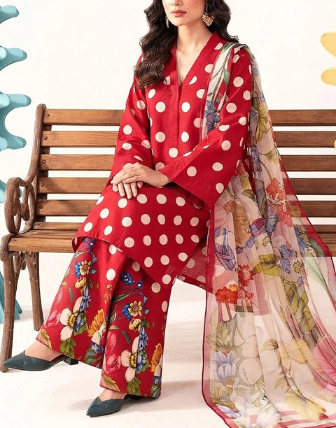 All-Over Polka Dot Print 3-Piece Lawn Dress 2026 with Soft Chiffon Dupatta