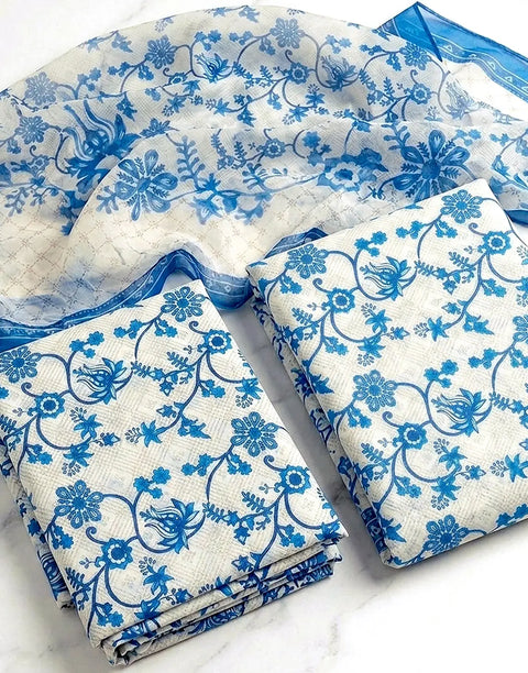 All-Over Flower Print 3-Piece Lawn Dress with Soft Chiffon Dupatta