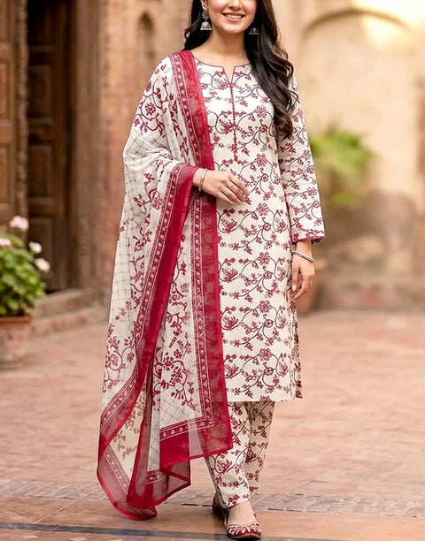 All-Over Flower Print 3-Piece Lawn Dress with Soft Chiffon Dupatta
