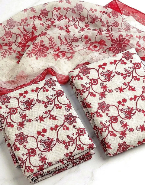 All-Over Flower Print 3-Piece Lawn Dress with Soft Chiffon Dupatta