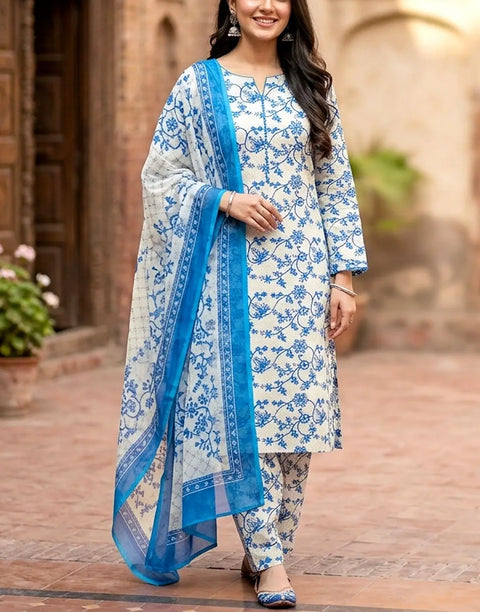 All-Over Flower Print 3-Piece Lawn Dress with Soft Chiffon Dupatta