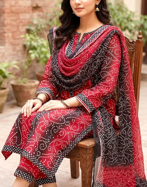 All-Over Chunri Print 3-Piece Lawn Dress Design with Soft Chiffon Dupatta