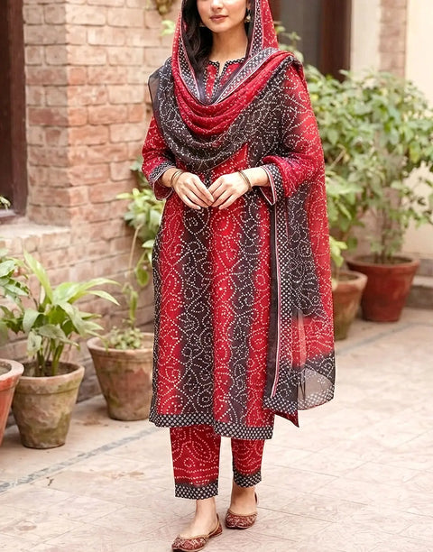 All-Over Chunri Print 3-Piece Lawn Dress Design with Soft Chiffon Dupatta