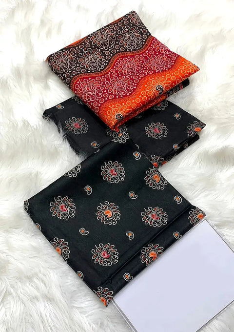 All-Over Printed 3-Piece Black Lawn Dress Design with Printed Lawn Dupatta