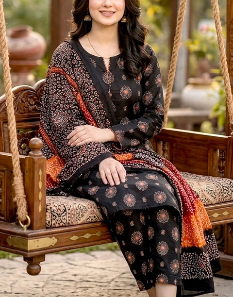 All-Over Printed 3-Piece Black Lawn Dress Design with Printed Lawn Dupatta