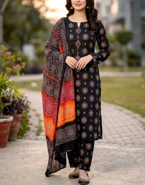 All-Over Printed 3-Piece Black Lawn Dress Design with Printed Lawn Dupatta